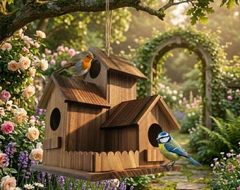 3-Room Wooden Birdhouse Feeder, Rustic Cabin-Style Birdhouse with Natural Wood Finish for Outdoor Garden Yard Decor