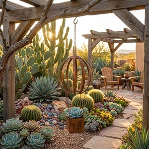 Op de afbeelding: Een decoratieve buitenscène met een hangende metalen bol met een vetplantenplanter. De bol hangt aan een houten pergola, omringd door cactussen, vetplanten en een stenen pad. De scène baadt in warm zonlicht.