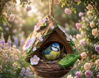 Adorno colgante de nido de pájaro de resina floral, casita para pájaros silvestres resistente a la intemperie, decoración para árboles de jardín, porche, patio y balcón.