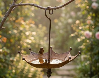 Comedero para pájaros con forma de paraguas, decoración colgante de metal para jardín, bebedero de bronce vintage para pájaros silvestres.