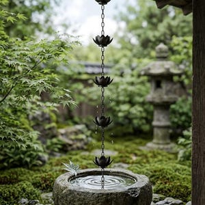 May include: A black metal rain chain with lotus flower-shaped cups, hanging from a wooden eave. Water flows down the chain into a stone basin. The background shows a Japanese garden with green foliage and a stone lantern.