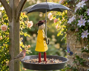 Girl with Umbrella Bird Feeder, Hanging Metal Garden Decor, Whimsical Outdoor Feeder for Wild Birds