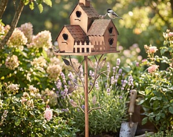 Rustic Copper Birdhouse Garden Stake, Metal Birdhouse with Leaf Accents, Outdoor Yard Art Decor for Wild Birds