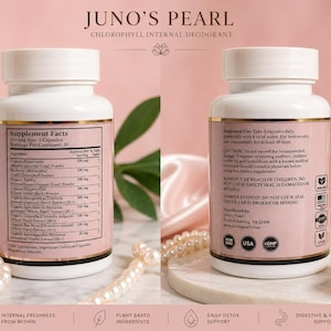 Puede incluir: Se muestran dos frascos blancos de suplementos con etiquetas rosas, junto con perlas y c&aacute;psulas. Las etiquetas dicen "JUNO'S PEARL" y enumeran los ingredientes. La imagen promueve la frescura interna, los ingredientes a base de plantas, el apoyo diario a la desintoxicaci&oacute;n y el apoyo digestivo y de bienestar.