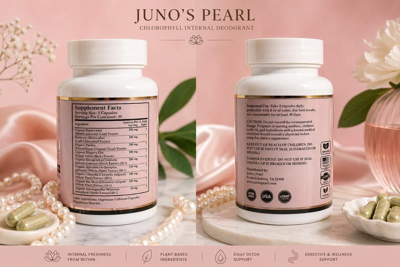 Puede incluir: Se muestran dos frascos blancos de suplementos con etiquetas rosas, junto con perlas y c&aacute;psulas. Las etiquetas dicen "JUNO'S PEARL" y enumeran los ingredientes. La imagen promueve la frescura interna, los ingredientes a base de plantas, el apoyo diario a la desintoxicaci&oacute;n y el apoyo digestivo y de bienestar.