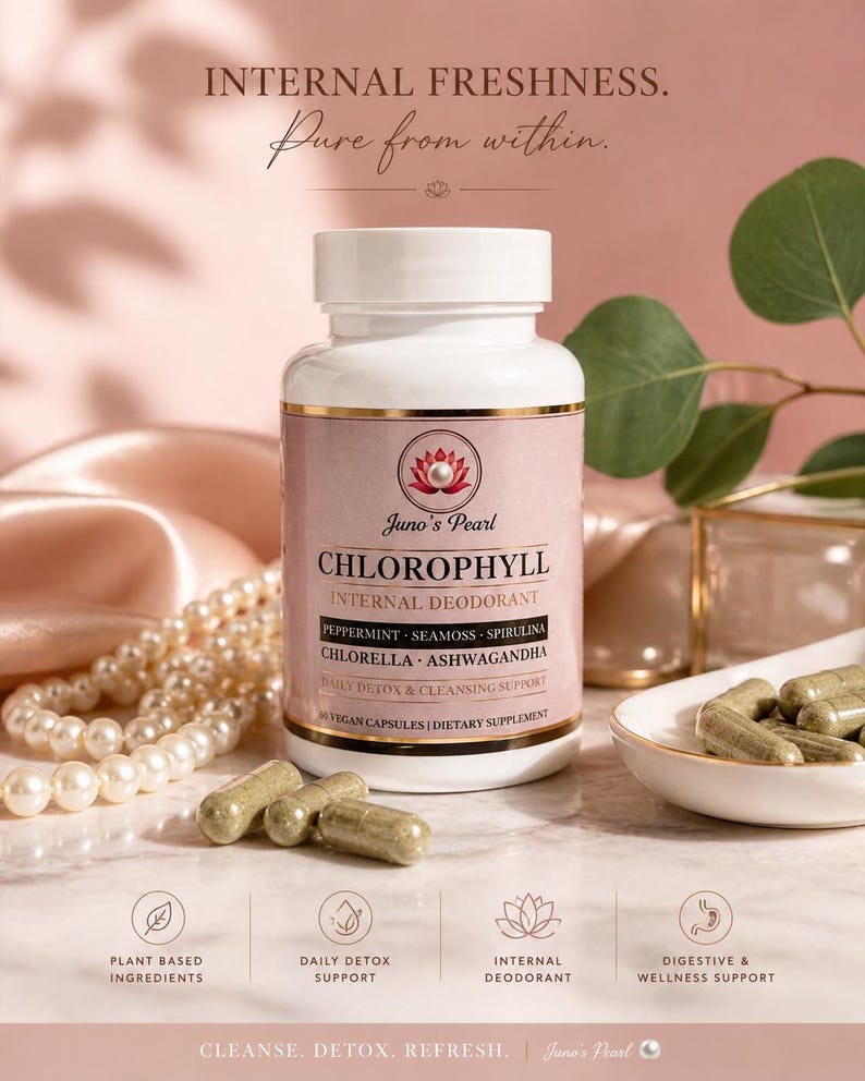 Puede incluir: Una botella blanca de Juno's Pearl Chlorophyll Internal Deodorant con una etiqueta rosa. La etiqueta enumera ingredientes como menta, espirulina y ashwagandha. La imagen tambi&eacute;n muestra c&aacute;psulas, perlas y el texto "Cleanse. Detox. Refresh."