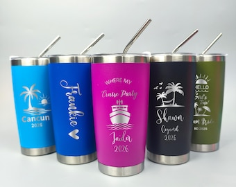 Vaso térmico personalizado de acero inoxidable de 590 ml, vaso térmico de viaje con nombre personalizado, vaso para damas de honor, vaso para vacaciones en la playa, regalo para un viaje de chicas, vaso con pajita.