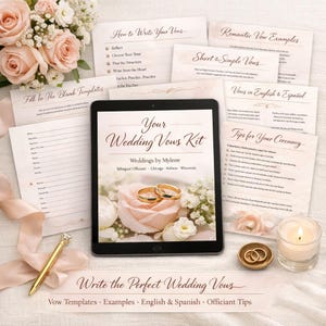 May include: A wedding vow kit with templates, examples, and officiant tips. The kit includes a tablet displaying gold wedding rings on a pink rose, surrounded by printed guides. A lit candle, a gold pen, and a small dish with rings are also present.