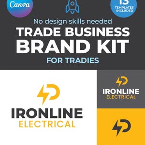 以下が含まれることがあります： 「TRADE BUSINESS BRAND KIT FOR TRADIES」というテキストが入ったグラフィックデザインキット。このキットには13個のテンプレートと3個のロゴテンプレートが含まれています。「IRONLINE ELECTRICAL」のロゴは黄色と黒で表示されています。