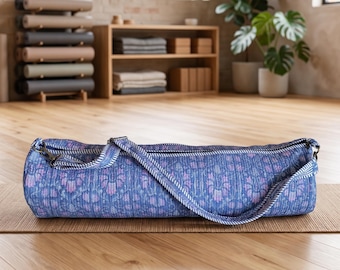 Bolsa para esterilla de yoga de algodón acolchada a mano - Floral azul