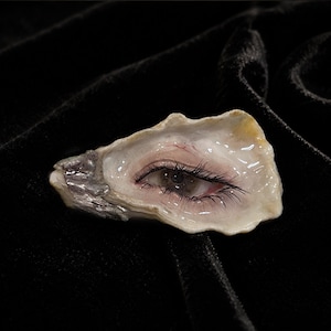 May include: A realistic human eye with dark lashes embedded into the interior of a textured, off-white oyster shell. The shell features a glossy, wet-look finish around the eye, with a metallic silver accent on the narrow end of the shell.