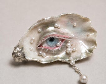 Blue Eye Oyster Shell Brooch & Choker, Silver-Makeup Alternative Bridal Jewelry, Made to Order Artist-Signed Wearable Art