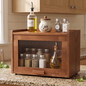 May include: A wooden spice rack with a glass door, holding various spice jars. On top, there's a bottle of olive oil, a jar labeled "il jar", and containers of black pepper and sea salt. The rack sits on a granite countertop in a kitchen.