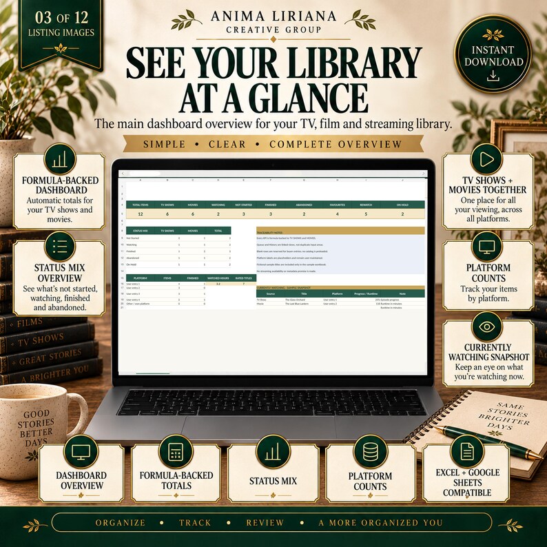 May include: A laptop screen displaying a digital dashboard for tracking TV shows and movies, featuring tables for status, platform counts, and formula-backed totals. The interface includes text headers like SEE YOUR LIBRARY AT A GLANCE and various informational boxes detailing features for organizing and reviewing media collections.