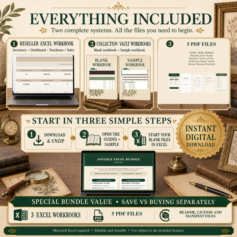 Antique Excel bundle contents with one reseller workbook, blank and sample Collection Vault workbooks, five PDF resources, setup instructions and instant digital download.