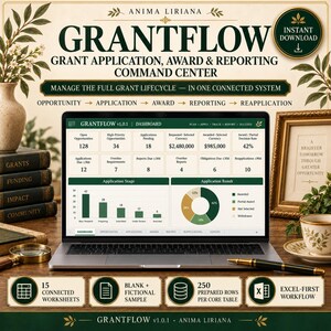 May include: A laptop displaying the Grantflow dashboard, a digital tool for managing grant applications, awards, and reporting. The screen shows data tables, a bar chart, and a pie chart. The interface includes text labels like Opportunity, Application, Award, Reporting, and Reapplication.