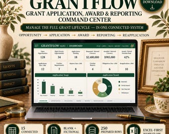 May include: A laptop displaying the Grantflow dashboard, a digital tool for managing grant applications, awards, and reporting. The screen shows data tables, a bar chart, and a pie chart. The interface includes text labels like Opportunity, Application, Award, Reporting, and Reapplication.