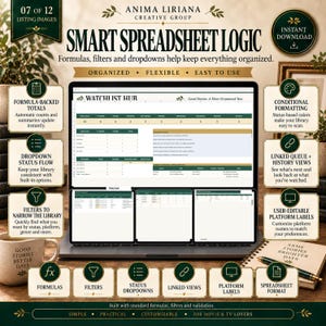 May include: A digital spreadsheet template for tracking media, displayed on a laptop screen. The interface features a Watchlist Hub with columns for status, platform, and genre, alongside icons for formulas, filters, and dropdown menus for organization.