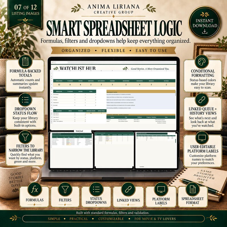 May include: A digital spreadsheet template for tracking media, displayed on a laptop screen. The interface features a Watchlist Hub with columns for status, platform, and genre, alongside icons for formulas, filters, and dropdown menus for organization.