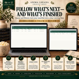 May include: A digital watchlist tracker displayed on a laptop and tablet screen. The interface features columns for queue and history, with text headers including Follow What's Next and What's Finished, plus six informational icons detailing features.