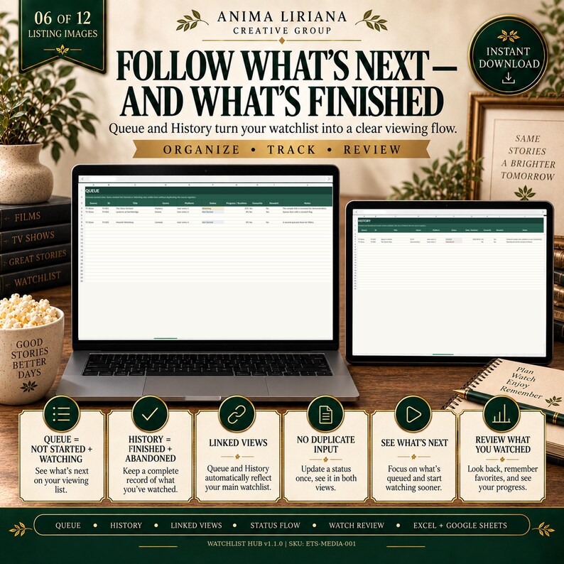 May include: A digital watchlist tracker displayed on a laptop and tablet screen. The interface features columns for queue and history, with text headers including Follow What's Next and What's Finished, plus six informational icons detailing features.