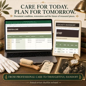 Real Condition and Care and Legacy Handoff worksheets for documenting inspections, restoration, review dates, family records, intended recipients and future preferences.