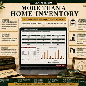 May include: A digital dashboard titled CLAIM-READY displayed on a laptop screen, surrounded by informational text about home inventory management, claim workflows, and documentation tools, featuring charts, data tables, and icons on a parchment background.