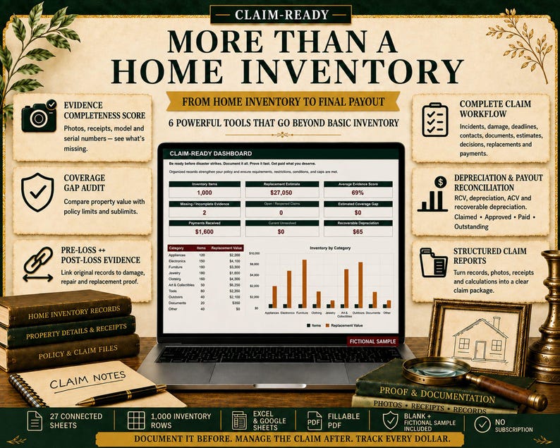 May include: A digital dashboard titled CLAIM-READY displayed on a laptop screen, surrounded by informational text about home inventory management, claim workflows, and documentation tools, featuring charts, data tables, and icons on a parchment background.