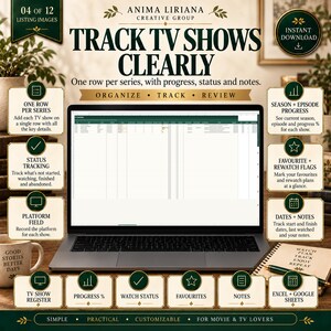 May include: A digital TV show tracker spreadsheet displayed on a laptop screen. The interface includes columns for series, progress, status, and notes. Surrounding text highlights features like season tracking, favorite flags, and compatibility with Excel and Google Sheets.
