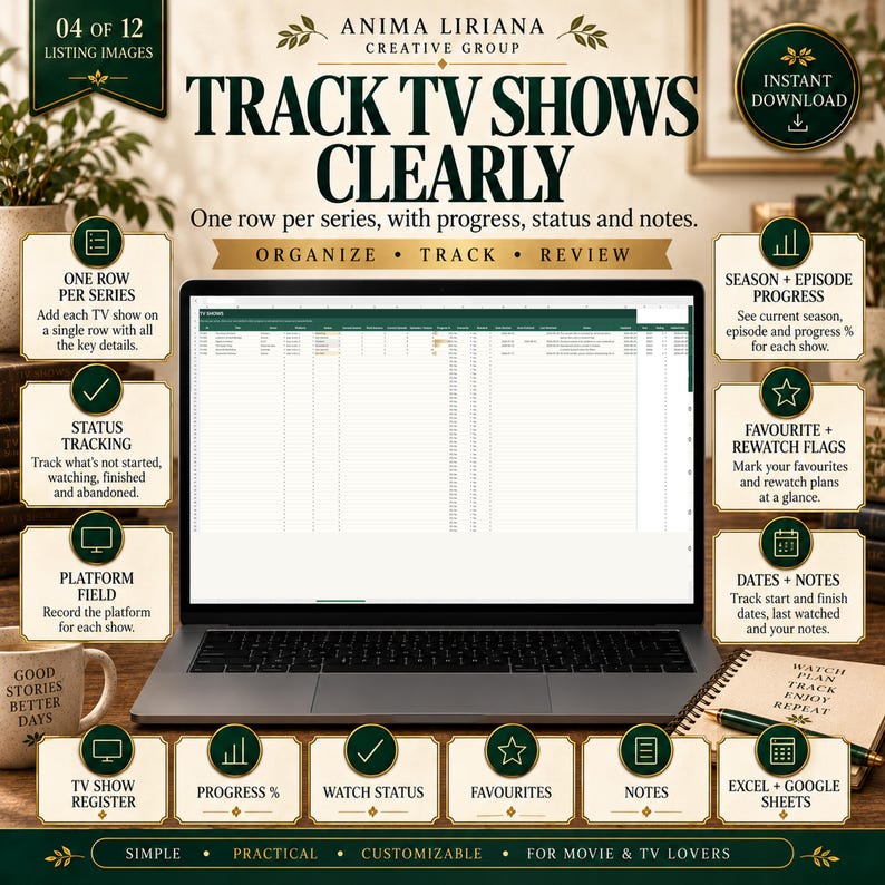 May include: A digital TV show tracker spreadsheet displayed on a laptop screen. The interface includes columns for series, progress, status, and notes. Surrounding text highlights features like season tracking, favorite flags, and compatibility with Excel and Google Sheets.