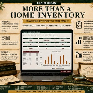 May include: A digital dashboard titled CLAIM-READY displaying home inventory data, including a bar chart, financial figures, and category lists. The interface is surrounded by text boxes detailing claim workflow, evidence scores, and audit tools.