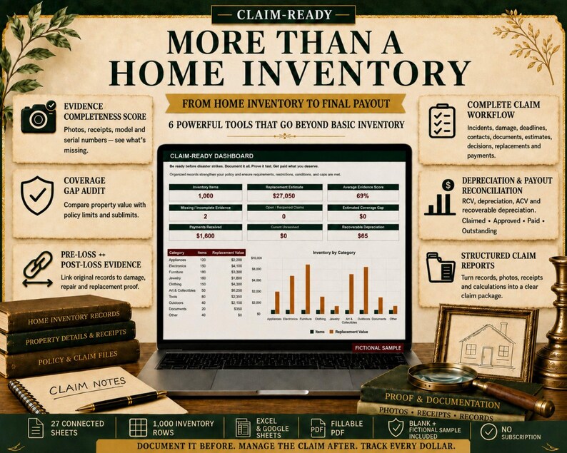May include: A digital dashboard titled CLAIM-READY displaying home inventory data, including a bar chart, financial figures, and category lists. The interface is surrounded by text boxes detailing claim workflow, evidence scores, and audit tools.