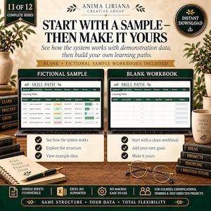 May include: A digital learning path system featuring two laptop screens displaying a fictional sample and a blank workbook. The interface includes tabs for dashboard, learning paths, milestones, resources, sessions, outputs, reviews, and lists. Text includes "Start with a sample - then make it yours" and "Skill Path" with icons for Google Sheets and Excel 365 compatibility.