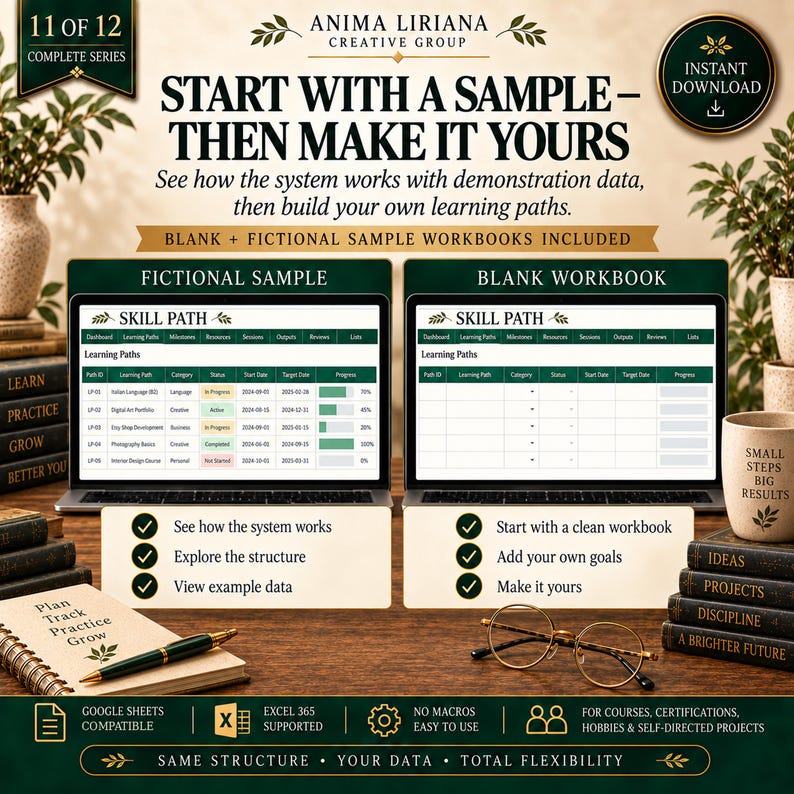 May include: A digital learning path system featuring two laptop screens displaying a fictional sample and a blank workbook. The interface includes tabs for dashboard, learning paths, milestones, resources, sessions, outputs, reviews, and lists. Text includes "Start with a sample - then make it yours" and "Skill Path" with icons for Google Sheets and Excel 365 compatibility.