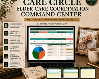 May include: A digital elder care coordination command center dashboard displayed on a laptop screen, featuring a pie chart, data tables, and a list of care tasks. The interface includes sections for family coordination, health, and expenses.