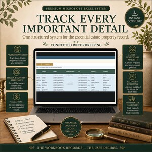 May include: A laptop displaying a Microsoft Excel spreadsheet for estate property records, surrounded by a notebook, a pen, a magnifying glass, and three stacked books labeled Family Legacy, Letters & Memories, and A Life Remembered.