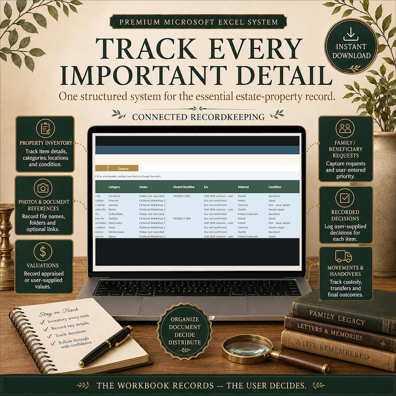 May include: A laptop displaying a Microsoft Excel spreadsheet for estate property records, surrounded by a notebook, a pen, a magnifying glass, and three stacked books labeled Family Legacy, Letters & Memories, and A Life Remembered.