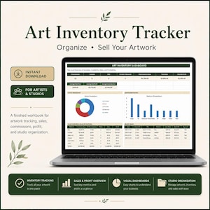 Puede incluir: Un portátil que muestra una hoja de cálculo "Art Inventory Tracker". La pantalla muestra gráficos y datos para el seguimiento de obras de arte, ventas y organización del estudio. El texto incluye "Descarga instantánea" y "Para artistas y estudios".