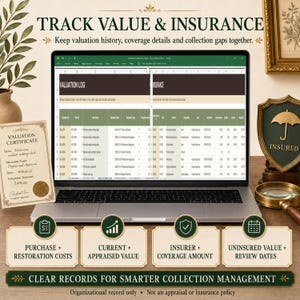 Real Excel valuation and insurance records for purchase and restoration costs, current and appraised values, insurer details, coverage amounts, uninsured value and review dates.