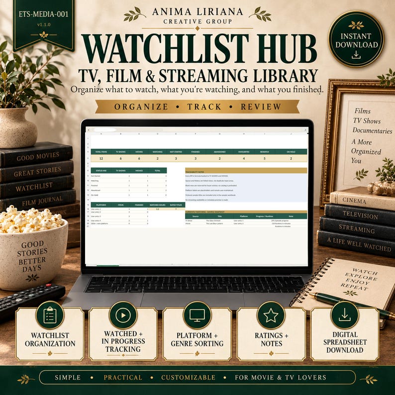 May include: A digital watchlist hub spreadsheet displayed on a laptop screen, featuring sections for TV, film, and streaming library organization. The interface includes columns for tracking watched content, ratings, and notes, with a dark green and gold color scheme.