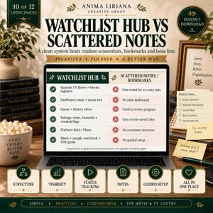 May include: A laptop screen displays a comparison chart titled Watchlist Hub vs Scattered Notes, listing features like separate TV show registers, dashboard totals, and status tracking versus mixed lists and tabs, with icons for structure and visibility.