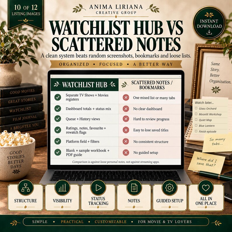 May include: A laptop screen displays a comparison chart titled Watchlist Hub vs Scattered Notes, listing features like separate TV show registers, dashboard totals, and status tracking versus mixed lists and tabs, with icons for structure and visibility.