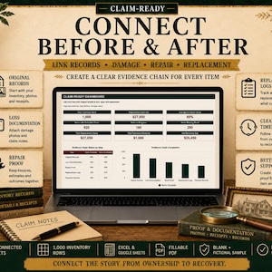 May include: A digital dashboard titled CLAIM-READY CONNECT BEFORE & AFTER displayed on a laptop screen, featuring data tables and bar charts for inventory tracking, loss documentation, repair proof, and replacement logs with text labels.