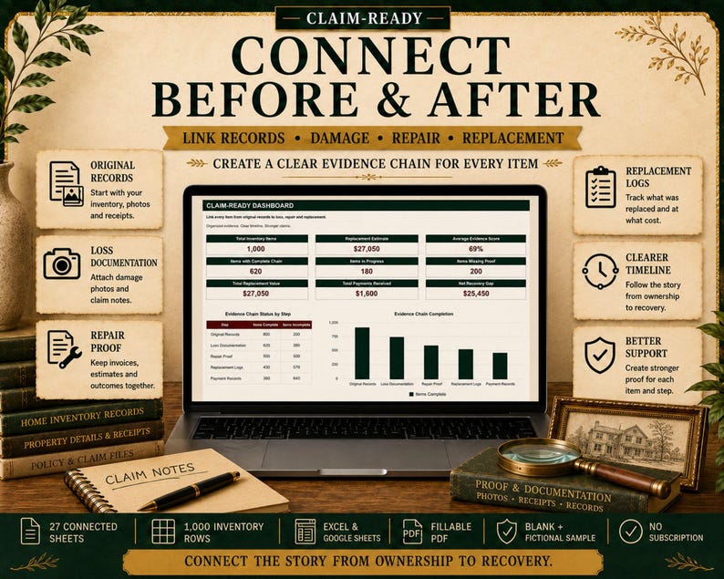 May include: A digital dashboard titled CLAIM-READY CONNECT BEFORE & AFTER displayed on a laptop screen, featuring data tables and bar charts for inventory tracking, loss documentation, repair proof, and replacement logs with text labels.