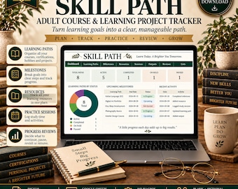 May include: A digital Skill Path adult course and learning project tracker displayed on a laptop screen. The interface shows a dashboard with learning paths, milestones, and activity logs. A notebook with the text Small Steps Big Progress sits nearby.