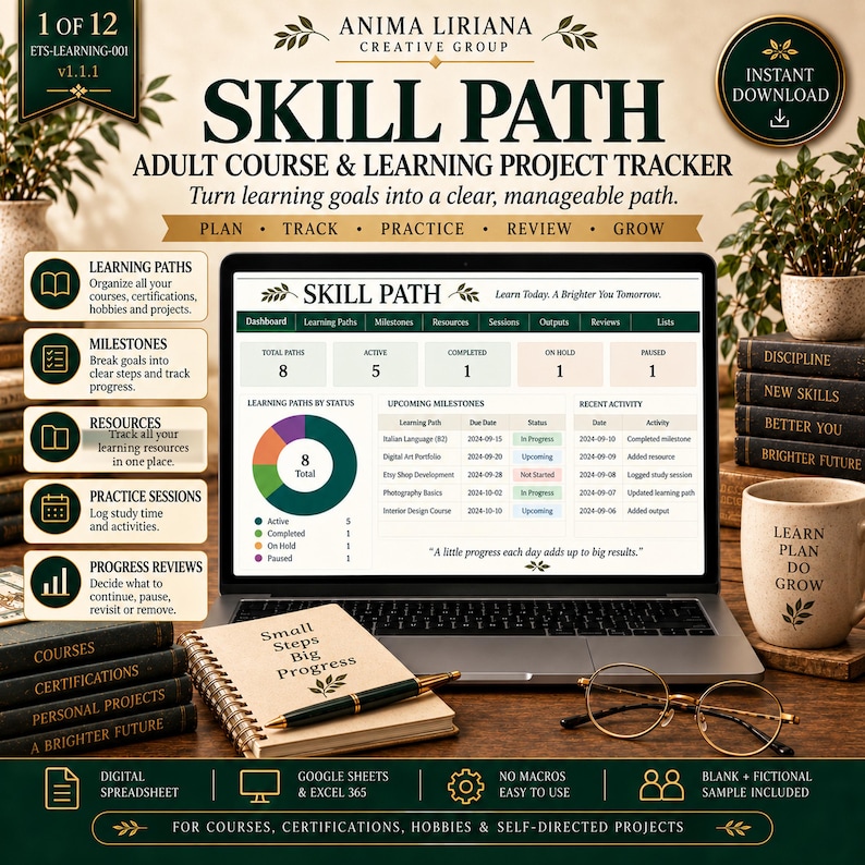 May include: A digital Skill Path adult course and learning project tracker displayed on a laptop screen. The interface shows a dashboard with learning paths, milestones, and activity logs. A notebook with the text Small Steps Big Progress sits nearby.
