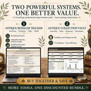 Side-by-side comparison of the Antique Reseller Tracker for inventory, purchases, sales and profit and the Collection Vault for value, insurance, provenance, care and legacy.