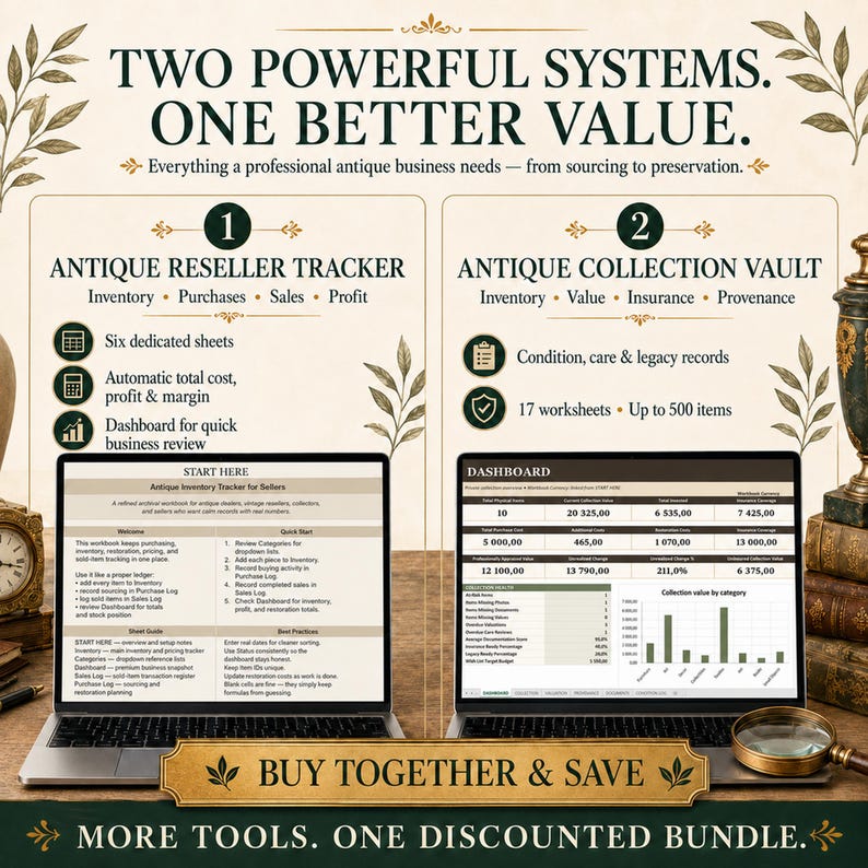 Side-by-side comparison of the Antique Reseller Tracker for inventory, purchases, sales and profit and the Collection Vault for value, insurance, provenance, care and legacy.
