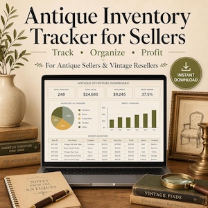 May include: A laptop displays an "Antique Inventory Tracker for Sellers" dashboard with charts and data. The screen shows inventory details, profit margins, and recent sales. Books, a magnifying glass, and a notepad are arranged around the laptop, suggesting a vintage theme.