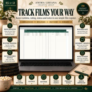 May include: A digital film tracker spreadsheet displayed on a laptop screen, featuring columns for movie titles, ratings, and runtime. The interface includes text labels for organizing, recording, and reviewing films, with icons for notes and watch status.